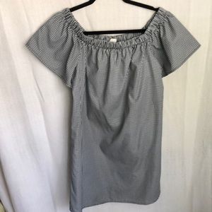 Over the shoulder checkered dress.